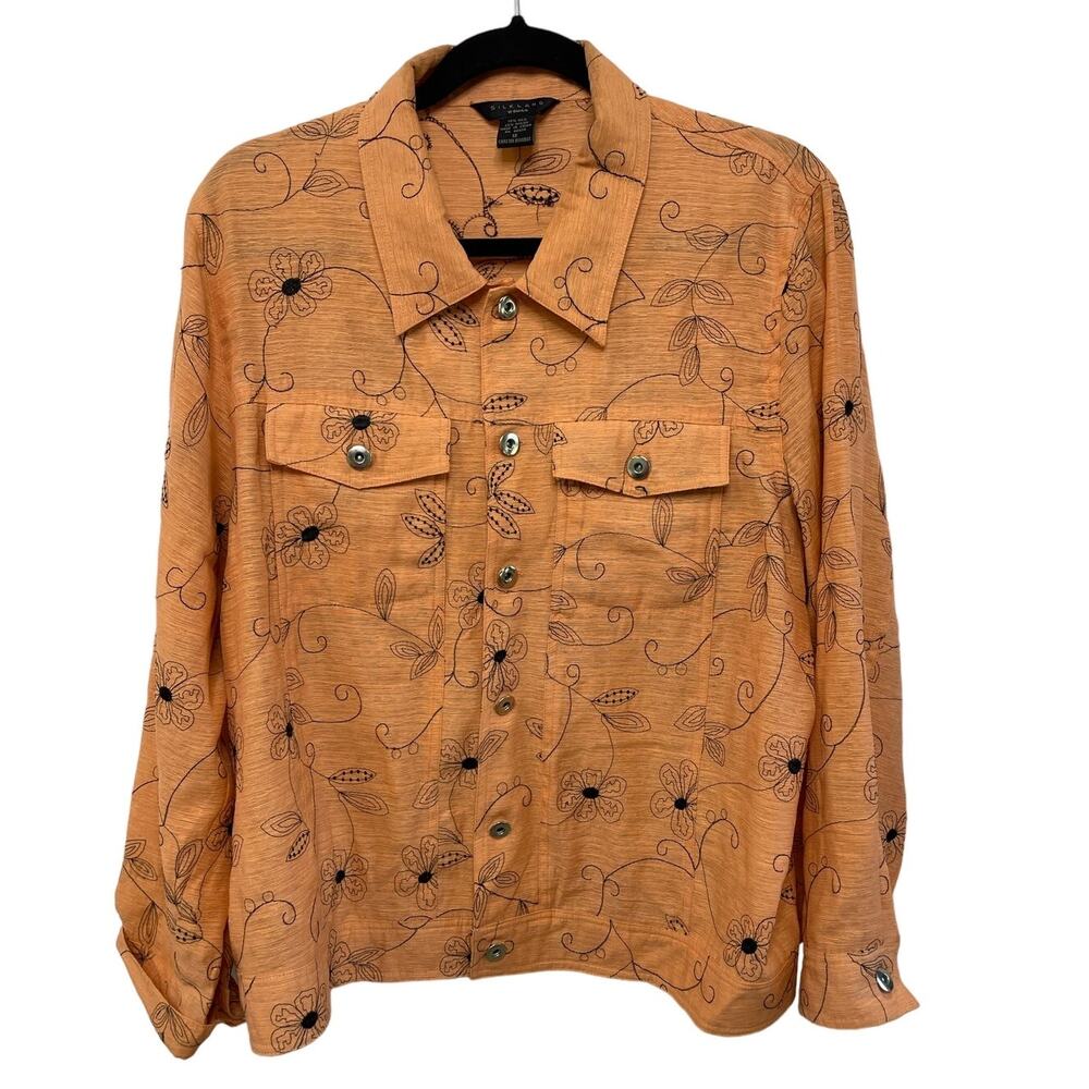 Silkland Woman Long Sleeve Silk Embroidered Floral‎ Button Down Shirt Orange 1X